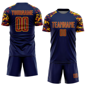Custom Navy Crimson-Gold Digital Camo Raglan Sleeves Sublimation Soccer Uniform Jersey