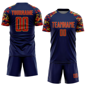 Custom Navy Red-Old Gold Digital Camo Raglan Sleeves Sublimation Soccer Uniform Jersey