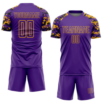 Custom Purple Black-Gold Digital Camo Raglan Sleeves Sublimation Soccer Uniform Jersey