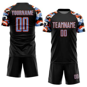 Custom Black Powder Blue Orange-White Digital Camo Raglan Sleeves Sublimation Soccer Uniform Jersey