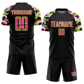 Custom Black Pink Neon Green-White Digital Camo Raglan Sleeves Sublimation Soccer Uniform Jersey