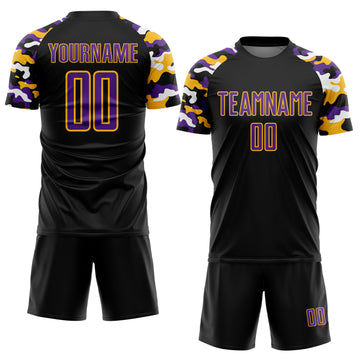 Custom Black Purple Gold-White Digital Camo Raglan Sleeves Sublimation Soccer Uniform Jersey