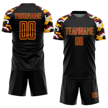 Custom Black Crimson Gold-White Digital Camo Raglan Sleeves Sublimation Soccer Uniform Jersey