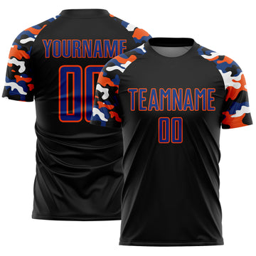 Custom Black Royal Orange-White Digital Camo Raglan Sleeves Sublimation Soccer Uniform Jersey