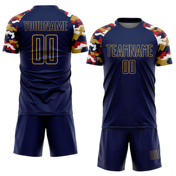 Custom Navy Red Old Gold-White Digital Camo Raglan Sleeves Sublimation Soccer Uniform Jersey