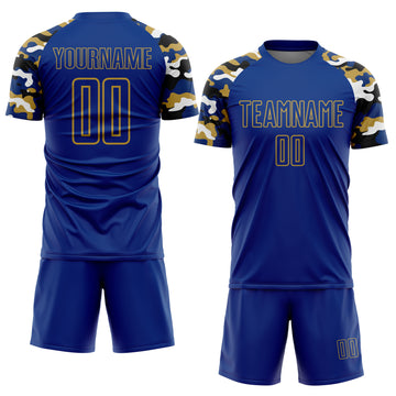 Custom Royal Old Gold Black-White Digital Camo Raglan Sleeves Sublimation Soccer Uniform Jersey