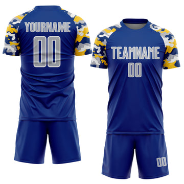 Custom Royal Gray Yellow-White Digital Camo Raglan Sleeves Sublimation Soccer Uniform Jersey