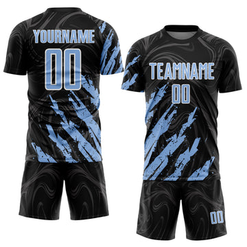 Custom Black Light Blue-White Brush Stroke Splatter Liquid Swirl Sublimation Soccer Uniform Jersey