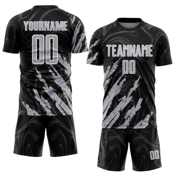 Custom Black Gray-White Brush Stroke Splatter Liquid Swirl Sublimation Soccer Uniform Jersey