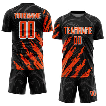 Custom Black Orange-White Brush Stroke Splatter Liquid Swirl Sublimation Soccer Uniform Jersey