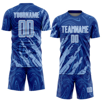 Custom Royal Light Blue-White Brush Stroke Splatter Liquid Swirl Sublimation Soccer Uniform Jersey