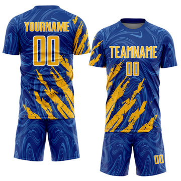 Custom Royal Gold-White Brush Stroke Splatter Liquid Swirl Sublimation Soccer Uniform Jersey