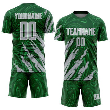 Custom Green Gray-White Brush Stroke Splatter Liquid Swirl Sublimation Soccer Uniform Jersey