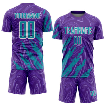 Custom Purple Teal-White Brush Stroke Splatter Liquid Swirl Sublimation Soccer Uniform Jersey