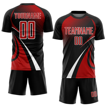 Custom Black Red-White Halftone Dot Dynamic Curve Stripe Sublimation Soccer Uniform Jersey