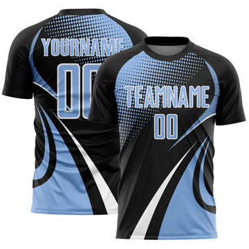 Custom Black Light Blue-White Halftone Dot Dynamic Curve Stripe Sublimation Soccer Uniform Jersey