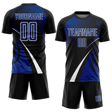 Custom Black Royal-White Halftone Dot Dynamic Curve Stripe Sublimation Soccer Uniform Jersey