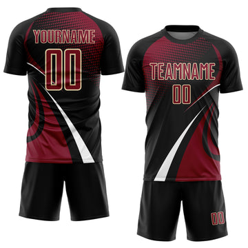 Custom Black Crimson White-Cream Halftone Dot Dynamic Curve Stripe Sublimation Soccer Uniform Jersey