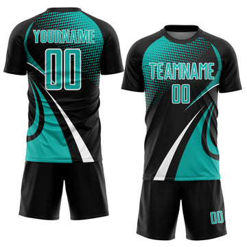 Custom Black Aqua-White Halftone Dot Dynamic Curve Stripe Sublimation Soccer Uniform Jersey