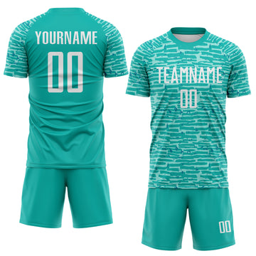 Custom Aqua-White Distressed Fragment Brush Stroke Sublimation Soccer Uniform Jersey