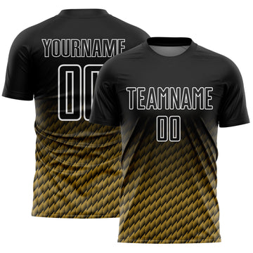 Custom Black Old Gold-White Geometric Wave Gradient Sublimation Soccer Uniform Jersey