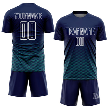 Custom Navy Teal-White Geometric Wave Gradient Sublimation Soccer Uniform Jersey