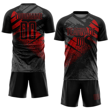 Custom Black-Red Grunge Splatter Brush Stroke Sublimation Soccer Uniform Jersey