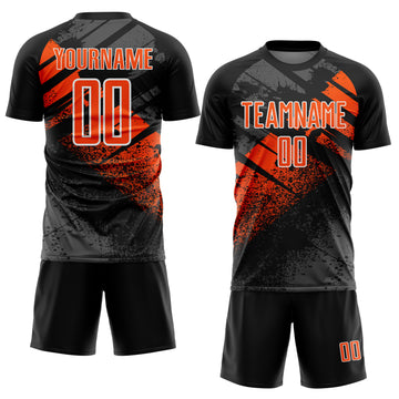 Custom Black Orange-White Grunge Splatter Brush Stroke Sublimation Soccer Uniform Jersey