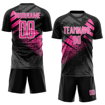 Custom Black Pink-White Grunge Splatter Brush Stroke Sublimation Soccer Uniform Jersey