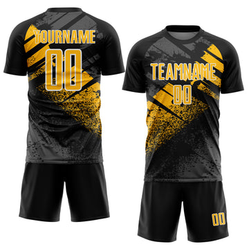 Custom Black Gold-White Grunge Splatter Brush Stroke Sublimation Soccer Uniform Jersey