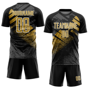Custom Black Old Gold-White Grunge Splatter Brush Stroke Sublimation Soccer Uniform Jersey