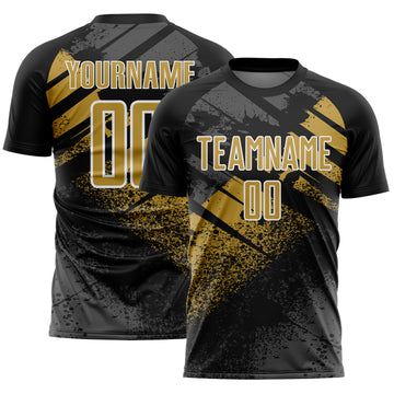 Custom Black Old Gold-White Grunge Splatter Brush Stroke Sublimation Soccer Uniform Jersey