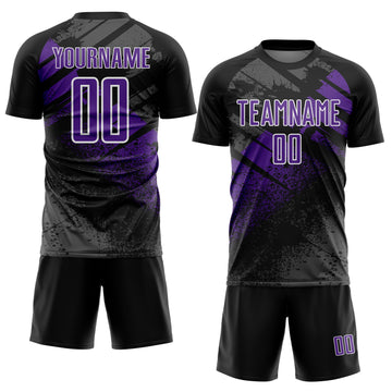 Custom Black Purple-White Grunge Splatter Brush Stroke Sublimation Soccer Uniform Jersey