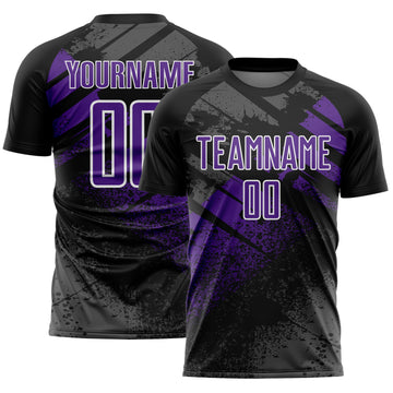 Custom Black Purple-White Grunge Splatter Brush Stroke Sublimation Soccer Uniform Jersey