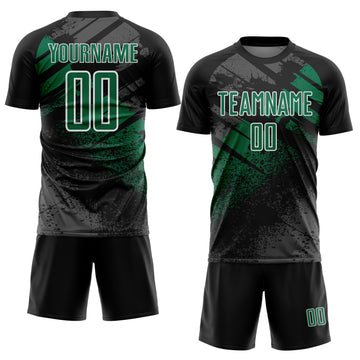 Custom Black Kelly Green-White Grunge Splatter Brush Stroke Sublimation Soccer Uniform Jersey