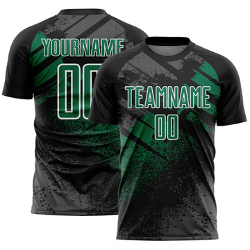 Custom Black Kelly Green-White Grunge Splatter Brush Stroke Sublimation Soccer Uniform Jersey