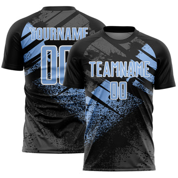 Custom Black Light Blue-White Grunge Splatter Brush Stroke Sublimation Soccer Uniform Jersey