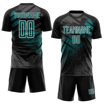 Custom Black Teal-White Grunge Splatter Brush Stroke Sublimation Soccer Uniform Jersey