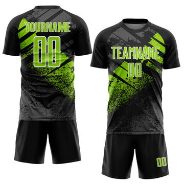 Custom Black Neon Green-White Grunge Splatter Brush Stroke Sublimation Soccer Uniform Jersey