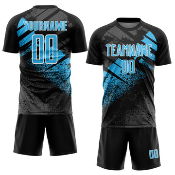 Custom Black Sky Blue-White Grunge Splatter Brush Stroke Sublimation Soccer Uniform Jersey