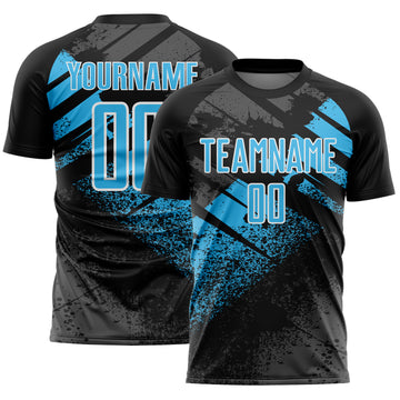 Custom Black Sky Blue-White Grunge Splatter Brush Stroke Sublimation Soccer Uniform Jersey