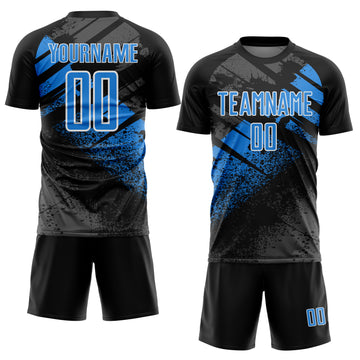 Custom Black Powder Blue-White Grunge Splatter Brush Stroke Sublimation Soccer Uniform Jersey