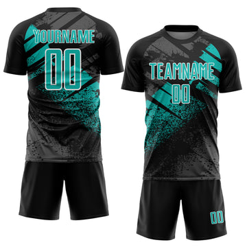 Custom Black Aqua-White Grunge Splatter Brush Stroke Sublimation Soccer Uniform Jersey
