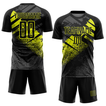 Custom Black-Neon Yellow Grunge Splatter Brush Stroke Sublimation Soccer Uniform Jersey