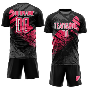 Custom Black Neon Pink-White Grunge Splatter Brush Stroke Sublimation Soccer Uniform Jersey