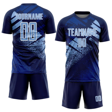 Custom Navy Light Blue-White Grunge Splatter Brush Stroke Sublimation Soccer Uniform Jersey