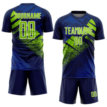 Custom Navy Neon Green-White Grunge Splatter Brush Stroke Sublimation Soccer Uniform Jersey