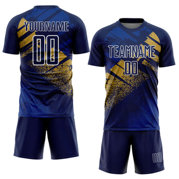 Custom Navy Old Gold-White Grunge Splatter Brush Stroke Sublimation Soccer Uniform Jersey