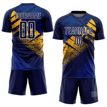 Custom Navy Gold-White Grunge Splatter Brush Stroke Sublimation Soccer Uniform Jersey