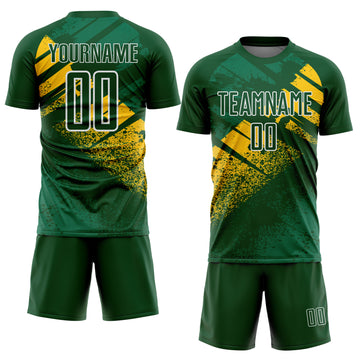Custom Green Yellow-White Grunge Splatter Brush Stroke Sublimation Soccer Uniform Jersey